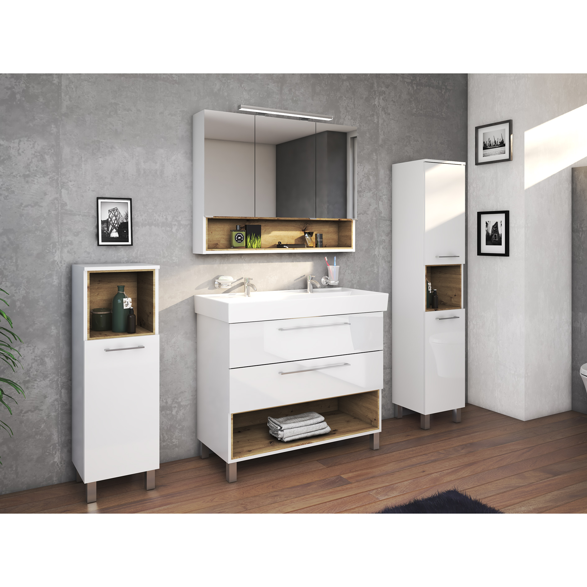 Waschbeckenunterschrank - weiß - Artisan Eiche - 100 cm