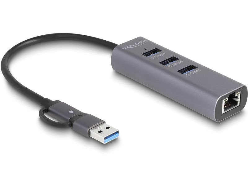 Delock Netzwerk-Adapter 5 Gbps USB Typ-A/USB Typ-C Delock 3 Port USB 5 Gbps Hub   Gigabit LAN mit USB Type-C oder USB Typ-A Anschluss im Metallgehäuse
