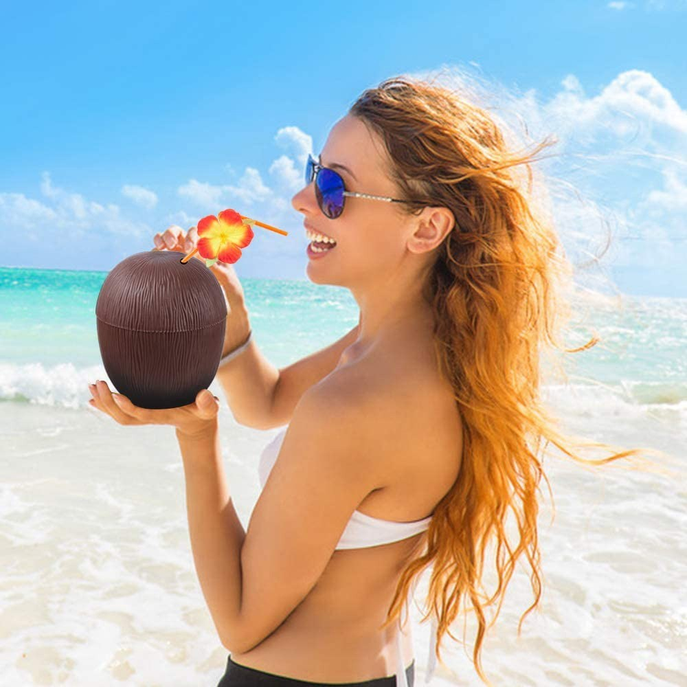 (6er Set) Mehrweg Cocktail Trinkbecher Sommer Party Hawaii Deko Getränke Becher mit Strohhalm - Kokosnuss / Ananas