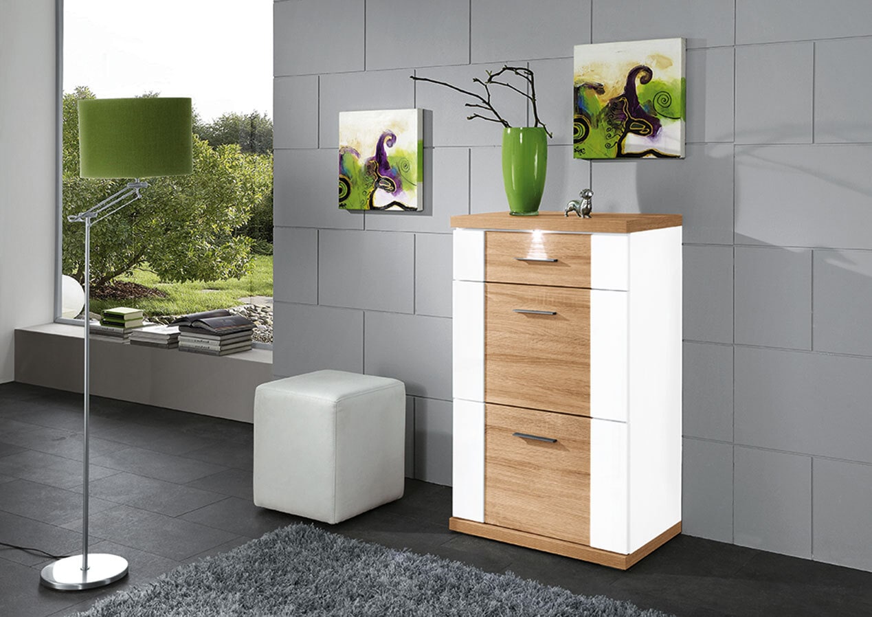 Kommode Manhattan Weiß/Weiß Hochglanz/Eiche sägerau Dekor 65x107x42 cm