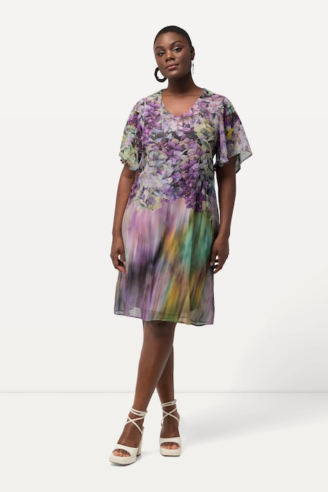 Chiffonkleid, A-Linie, Hortensien, V-Ausschnitt, Flügel-Halbarm