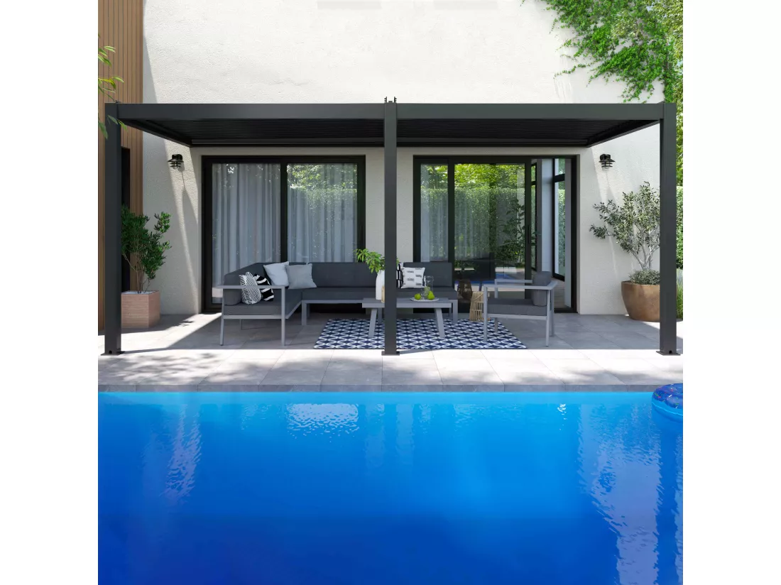 Pergola bioclimatique adossée 3x6m et 4 Stores 2,66 x 2,34m