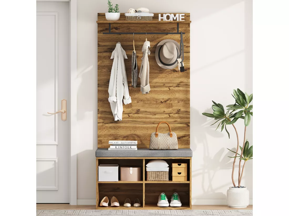 Meuble à chaussures avec banc, 2 portes et porte-manteau - 175 x 84 x 37 cm - Panneaux de particules - Etagère réglable - Chêne