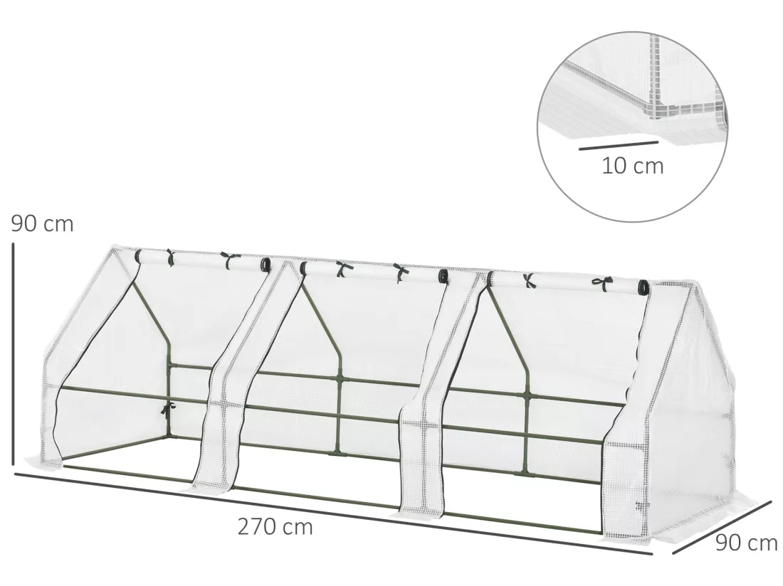 Mini serre de jardin serre à tomates 270L x 90l x 90H cm acier PE haute densité 140 g/m² anti-UV 3 fenêtres avec zip enroulables blanc