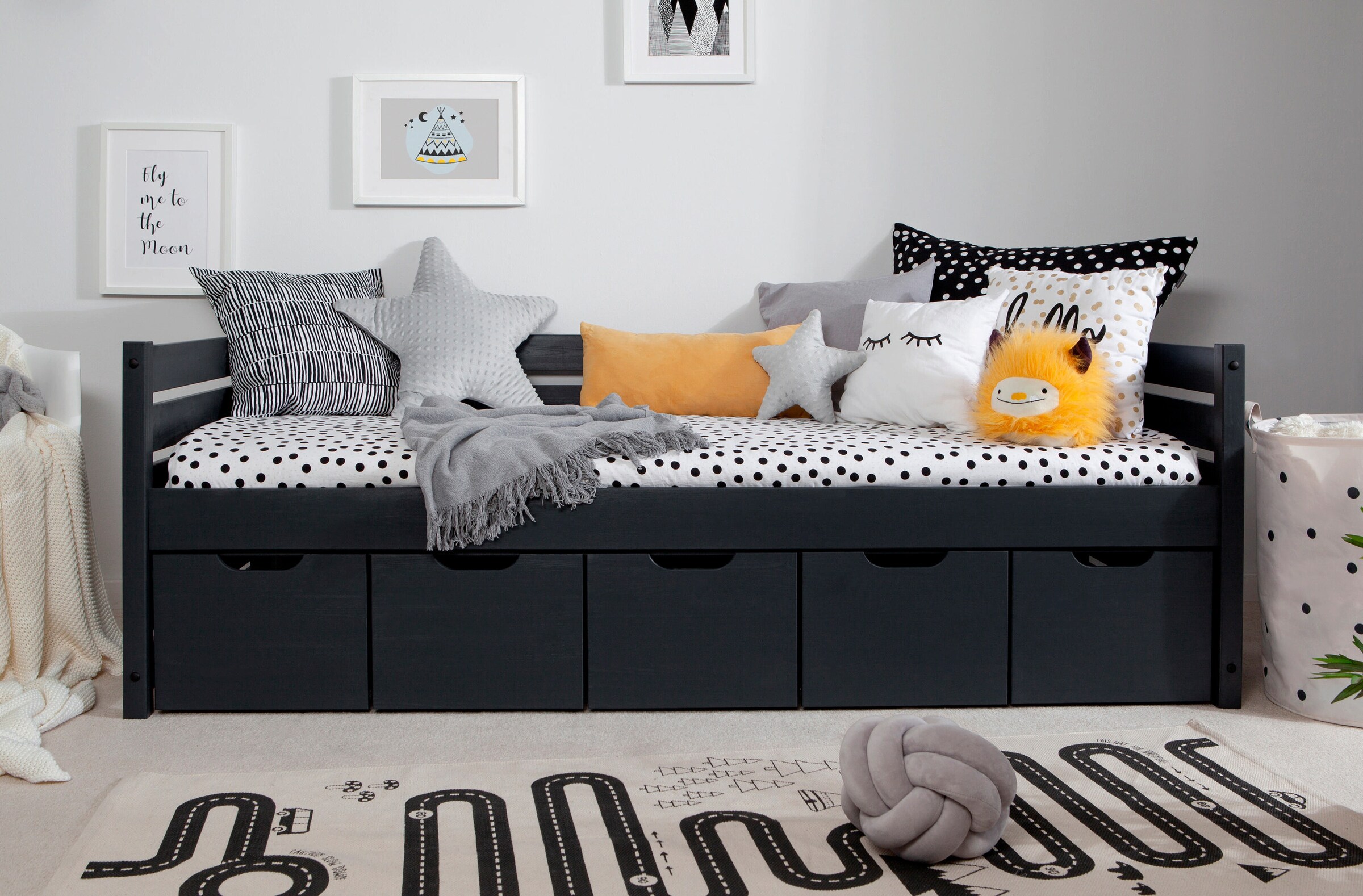 Ticaa Sofabett Naomi inkl. 5x Schubkästen, 90x200 Grau