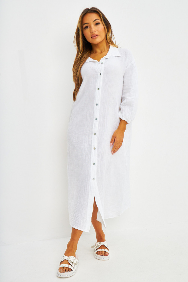 Robe chemise longue en coton texturé blanc