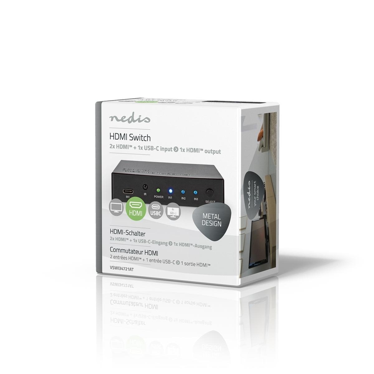 Nedis HDMI ™ Switch | 3-Port port(s) | 1x USB-C™ / 2x HDMI™ Inngang | 1x HDMI ™ -utgang | 4K@60Hz | 18.0 Gbps | Metall | Antrasitt