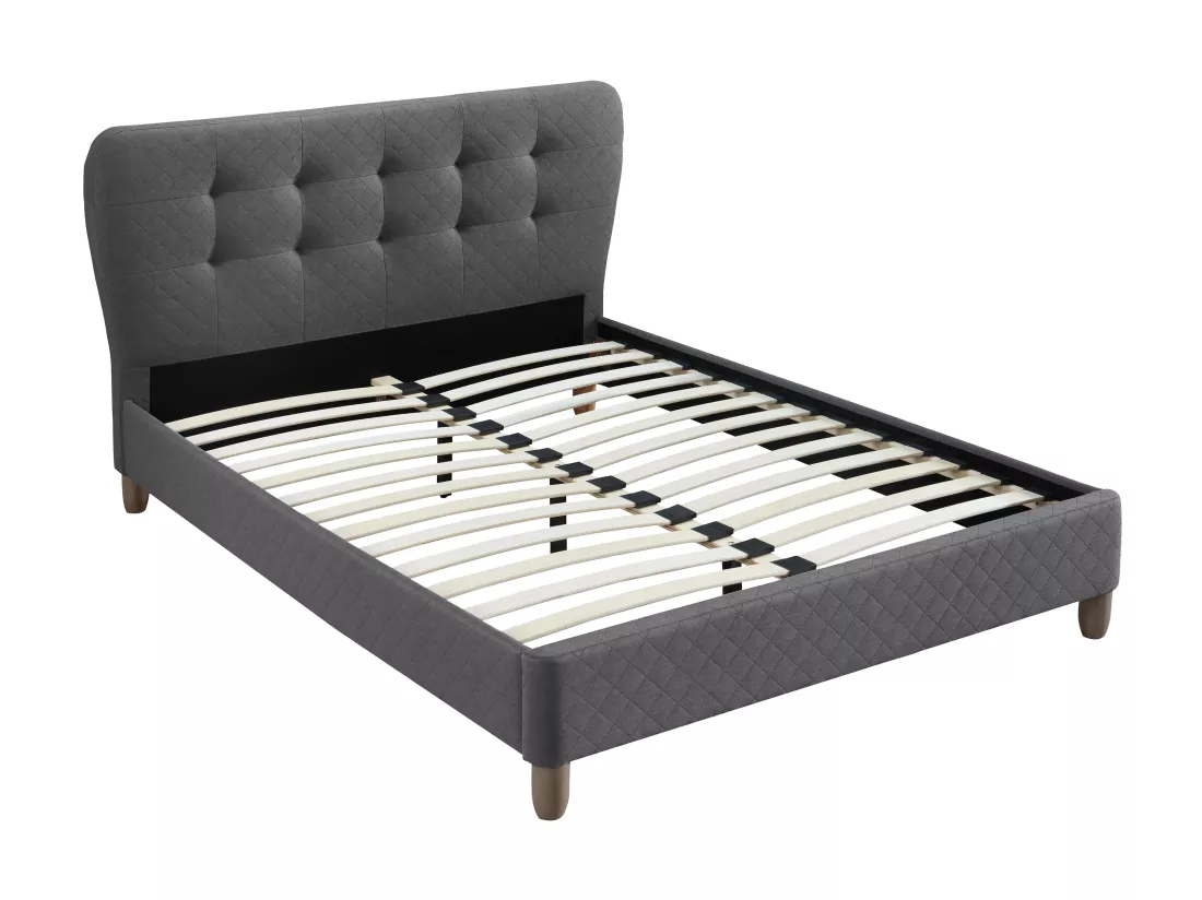 Lit 140 x 190 cm avec tête de lit capitonnée - Tissu - Gris - ELIDE