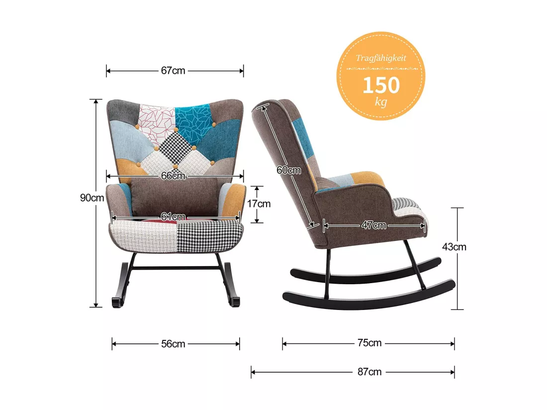 Fauteuil à Bascule Patchwork Rocking Chair Berçante Allaitement Bébé avec Oreiller Style Scandinave Tissu en Lin Bois d'Hévéa