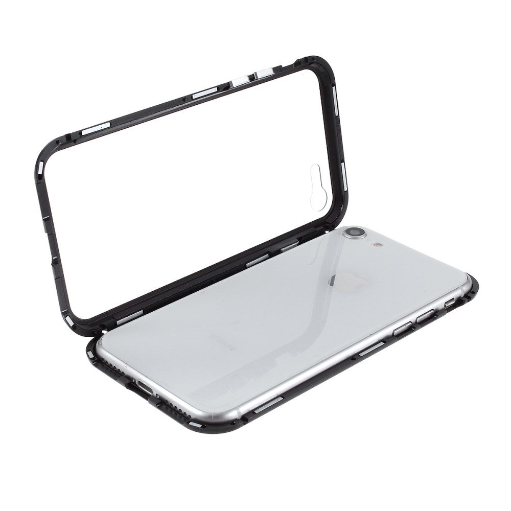 iPhone SE (2022/2020) / 8 / 7 Magnetische Alu Schutzhülle mit Panzer Glas Backcover   Display- / Kameraschutz (Magnet-Technologie) - Schwarz