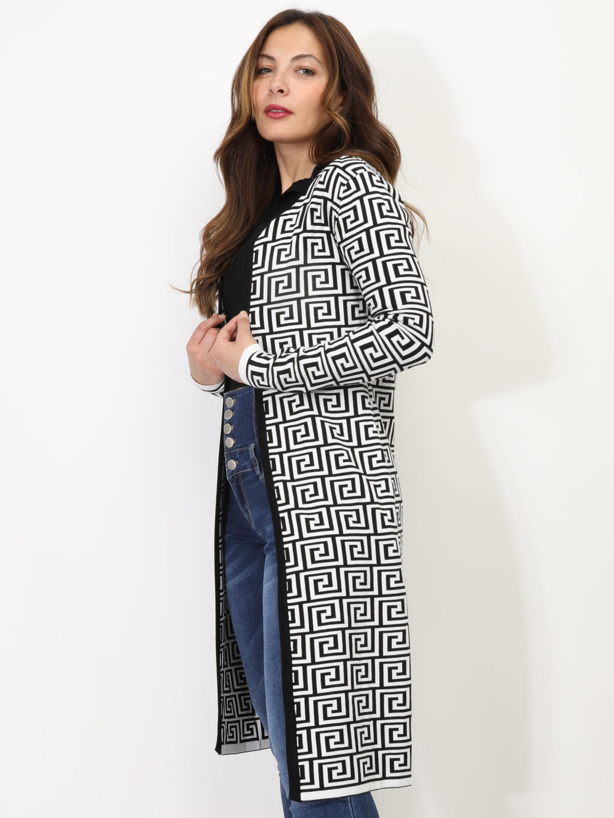 Gilet long à motif géométrique- Noir et Blanc
