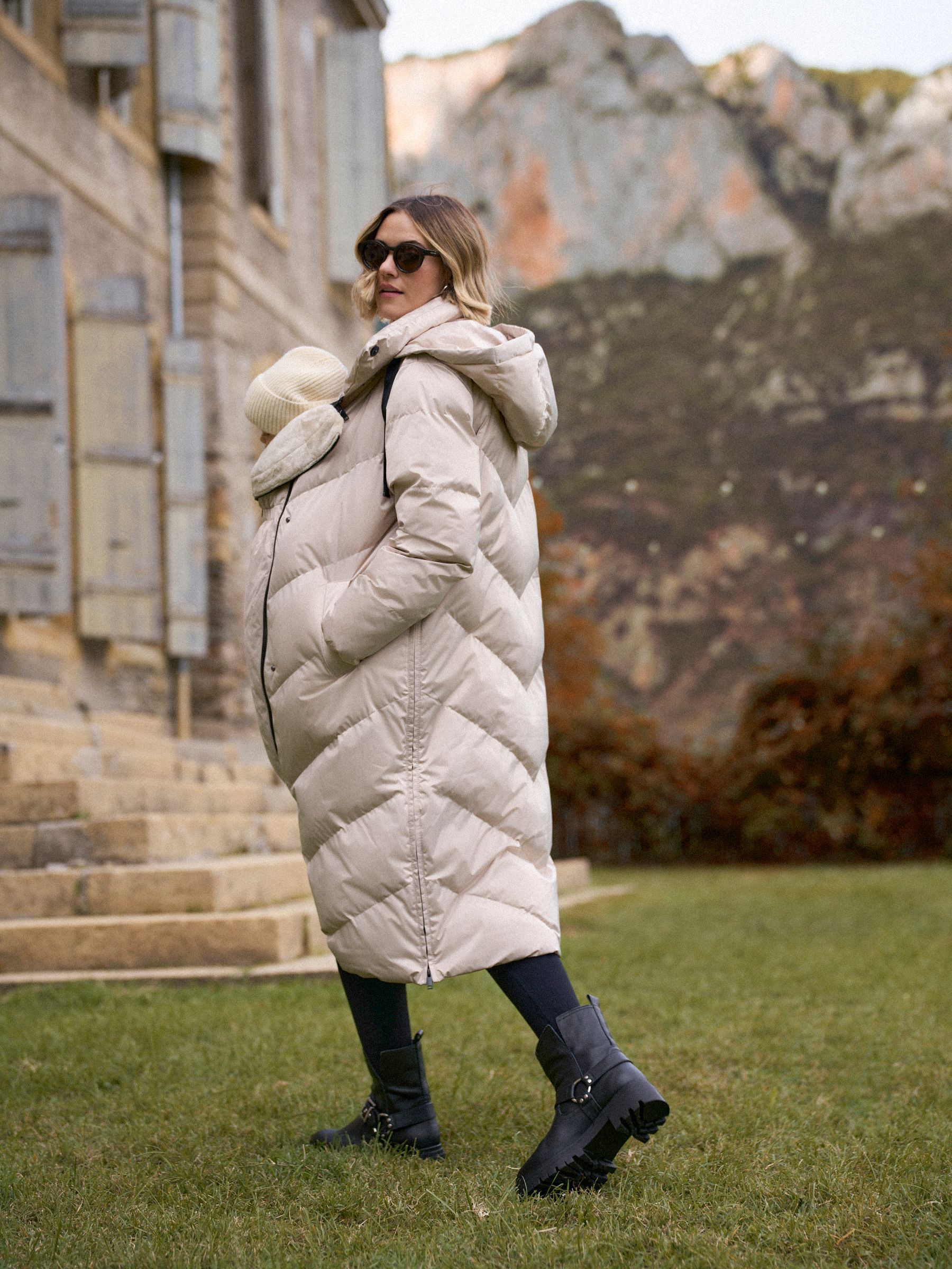 Taupe - Seraphine Long 3-In-1 Maternity & Babywearing Puffa Coat
