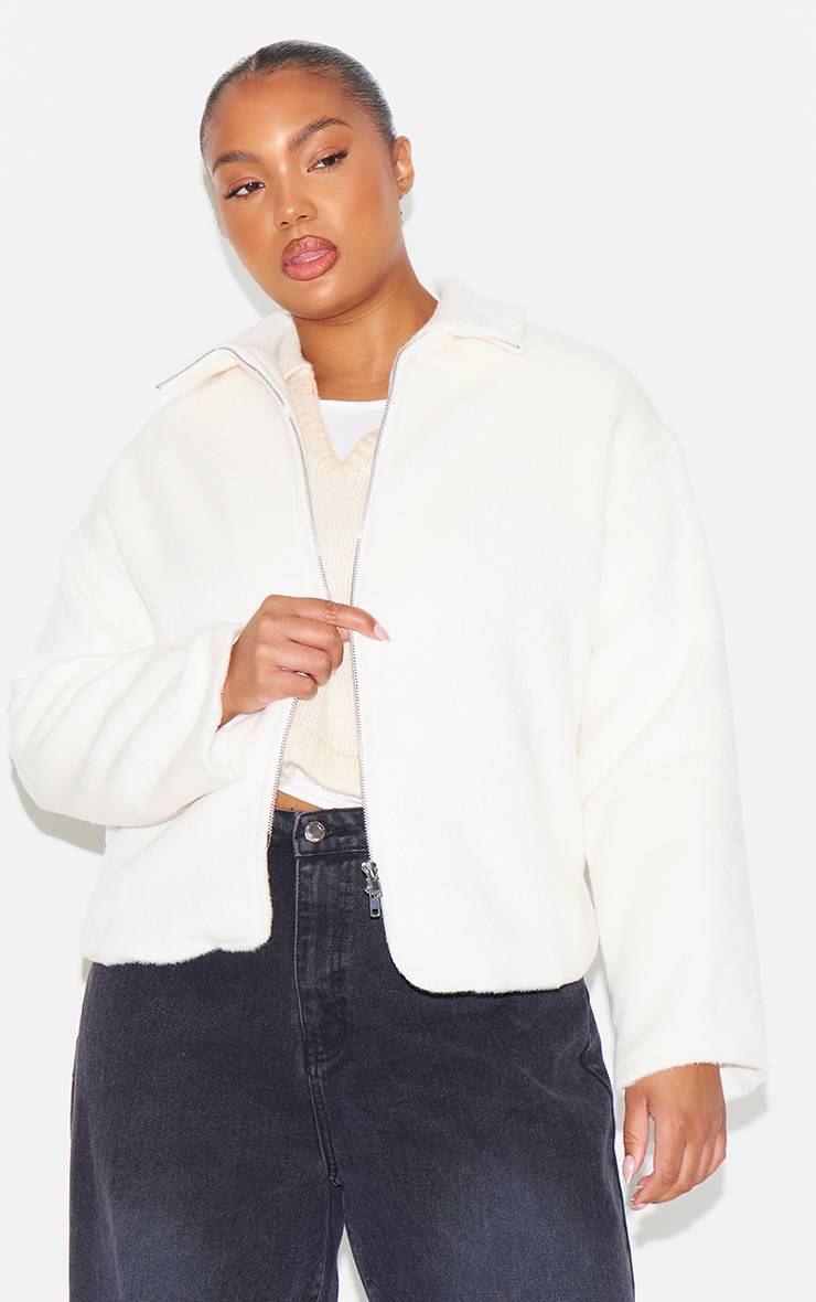 Crème Veste Grande Taille À Col Large Et Fermeture Zippée Effet Laine