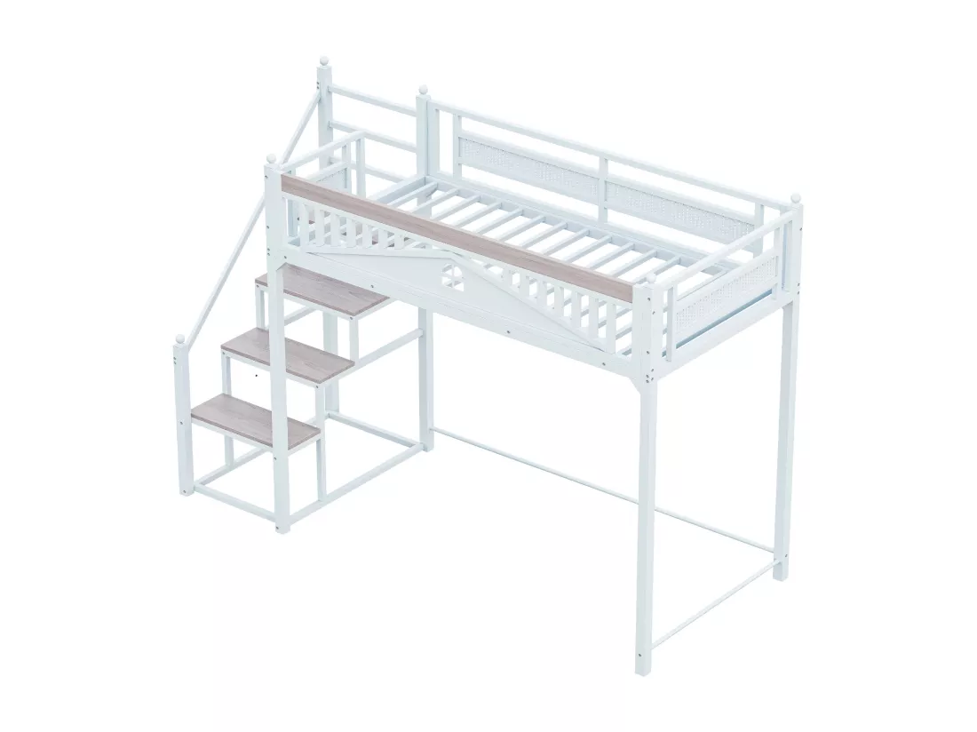 Lit mezzanine en métal 90x200cm - avec échelle modulable - Blanc (matelas non inclus)