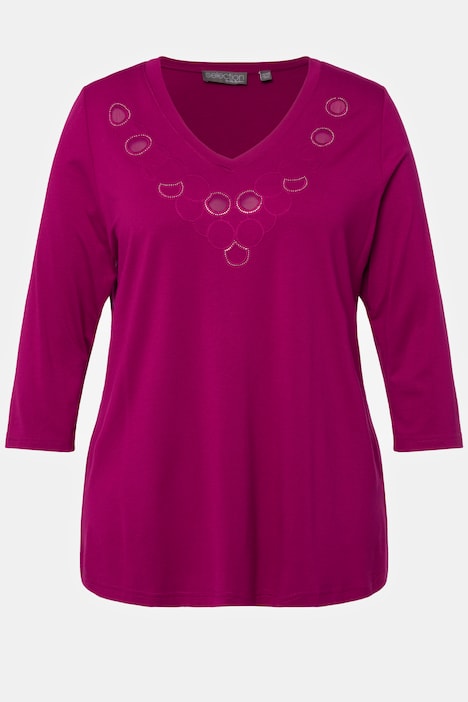T-Shirt, Stickerei, Ziernieten, V-Ausschnitt, 3/4-Arm
