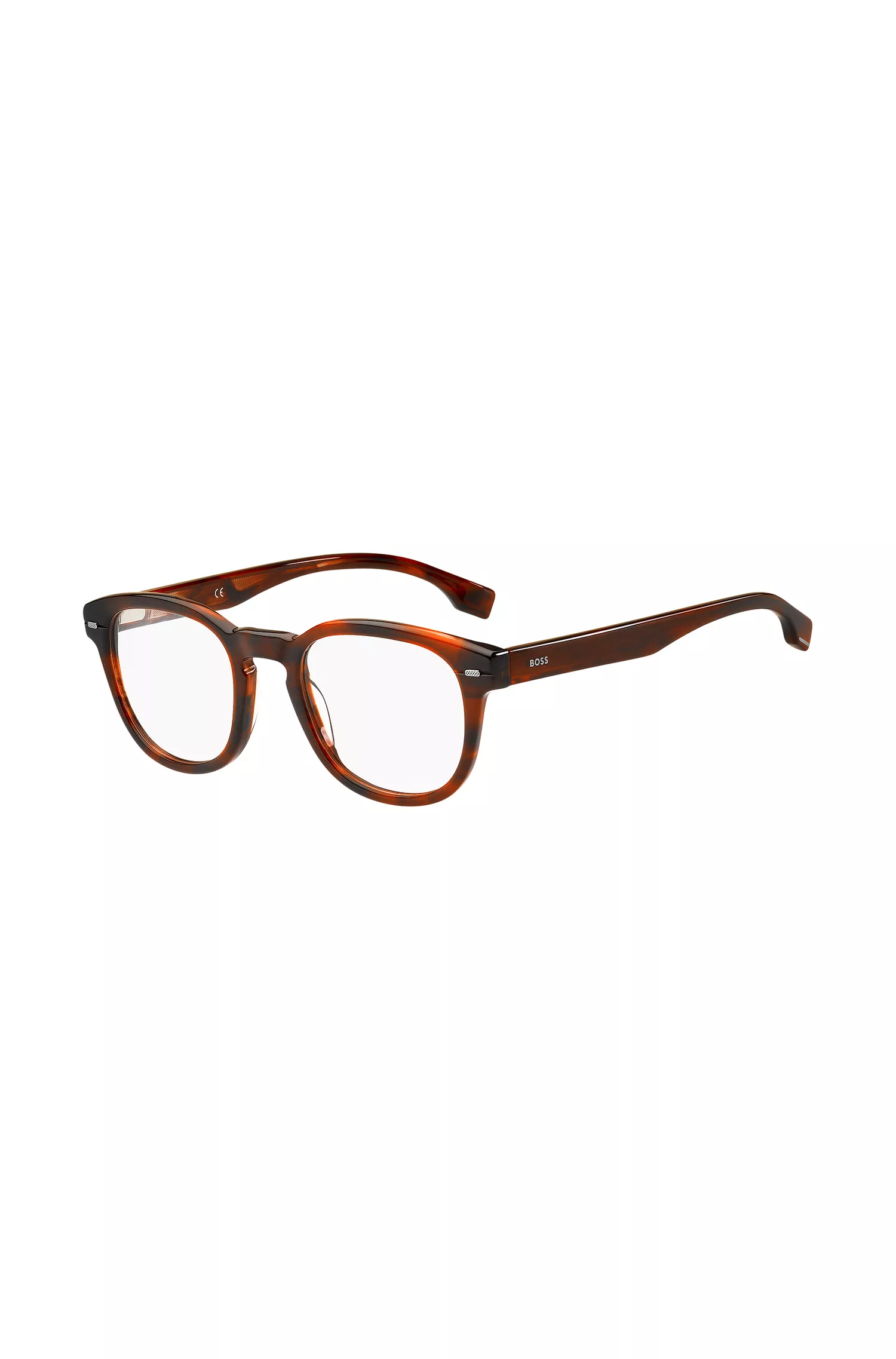 Armação de óculos BOSS em acetato preto Havana com rebites de metal.