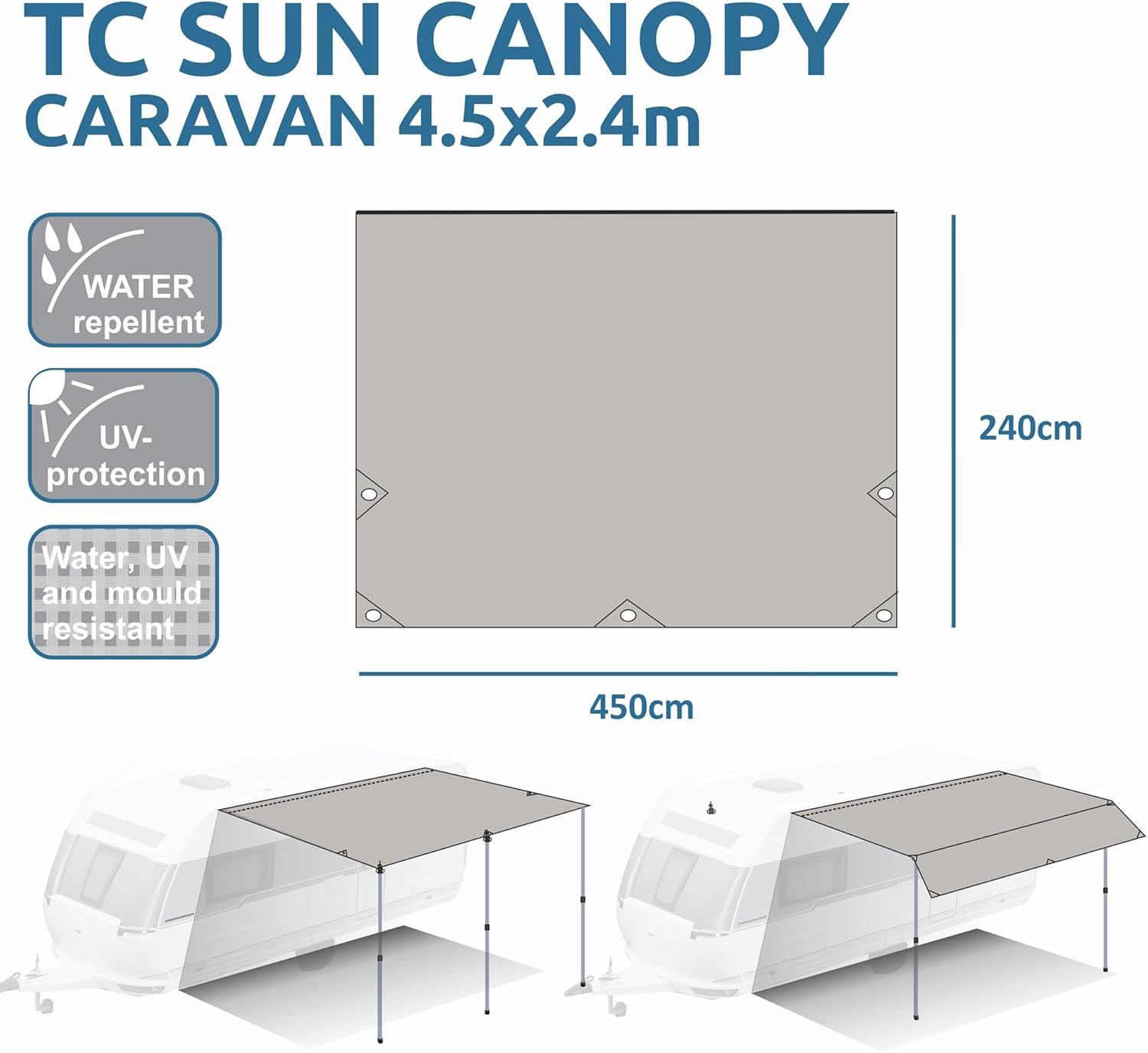 your GEAR Caravan Tarp TC Wohnwagen Sonnendach – wasserdichtes Baumwoll-Sonnensegel mit UV 50+, Alu-Teleskopstangen, in 5 Größen (Beige/Sand, 450 x 240 cm)