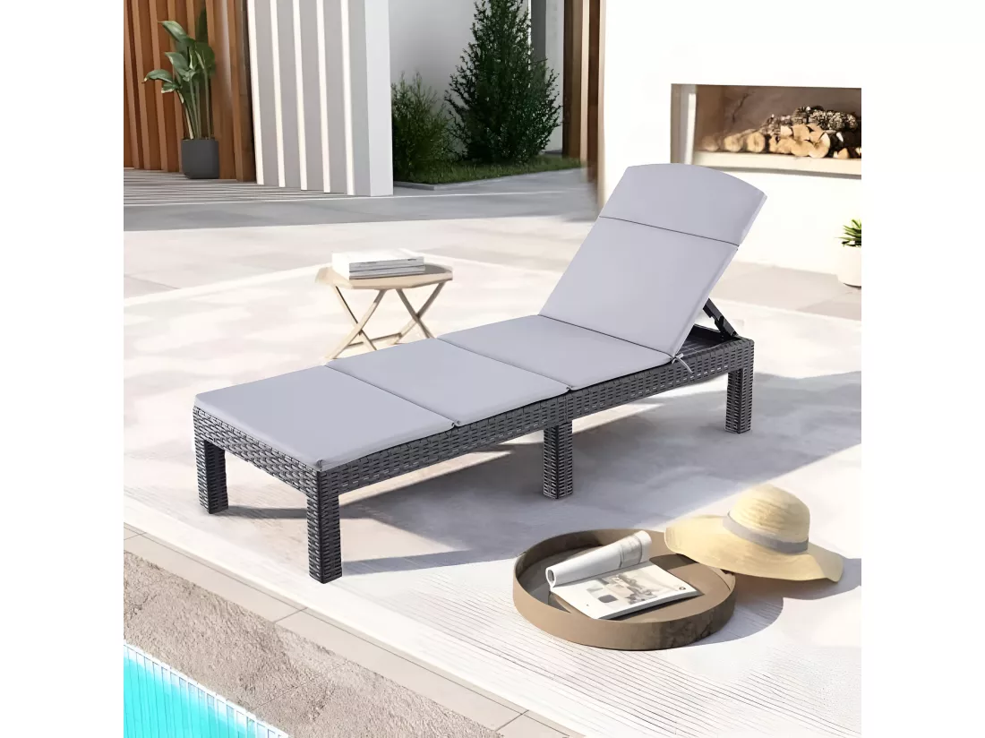 Bain de soleil - Chaise longue - Résine imitation rotin tressé - Coussin - Dossier réglable - Gris Sparkle
