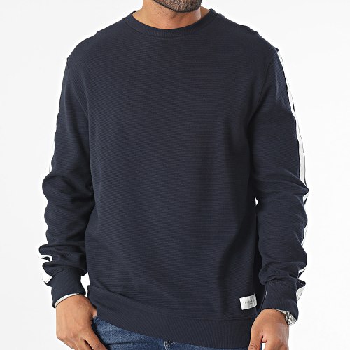 Sweat Crewneck A Bandes 3009 Bleu Marine
