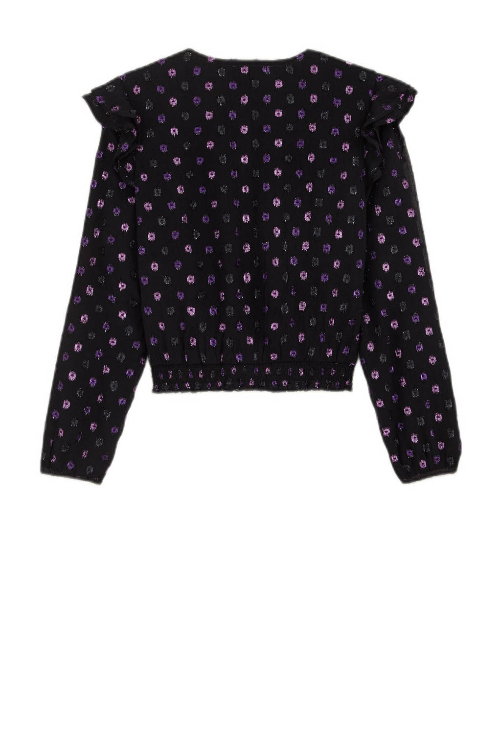 WE Fashion top met all over print en ruches zwart/paars/zilver