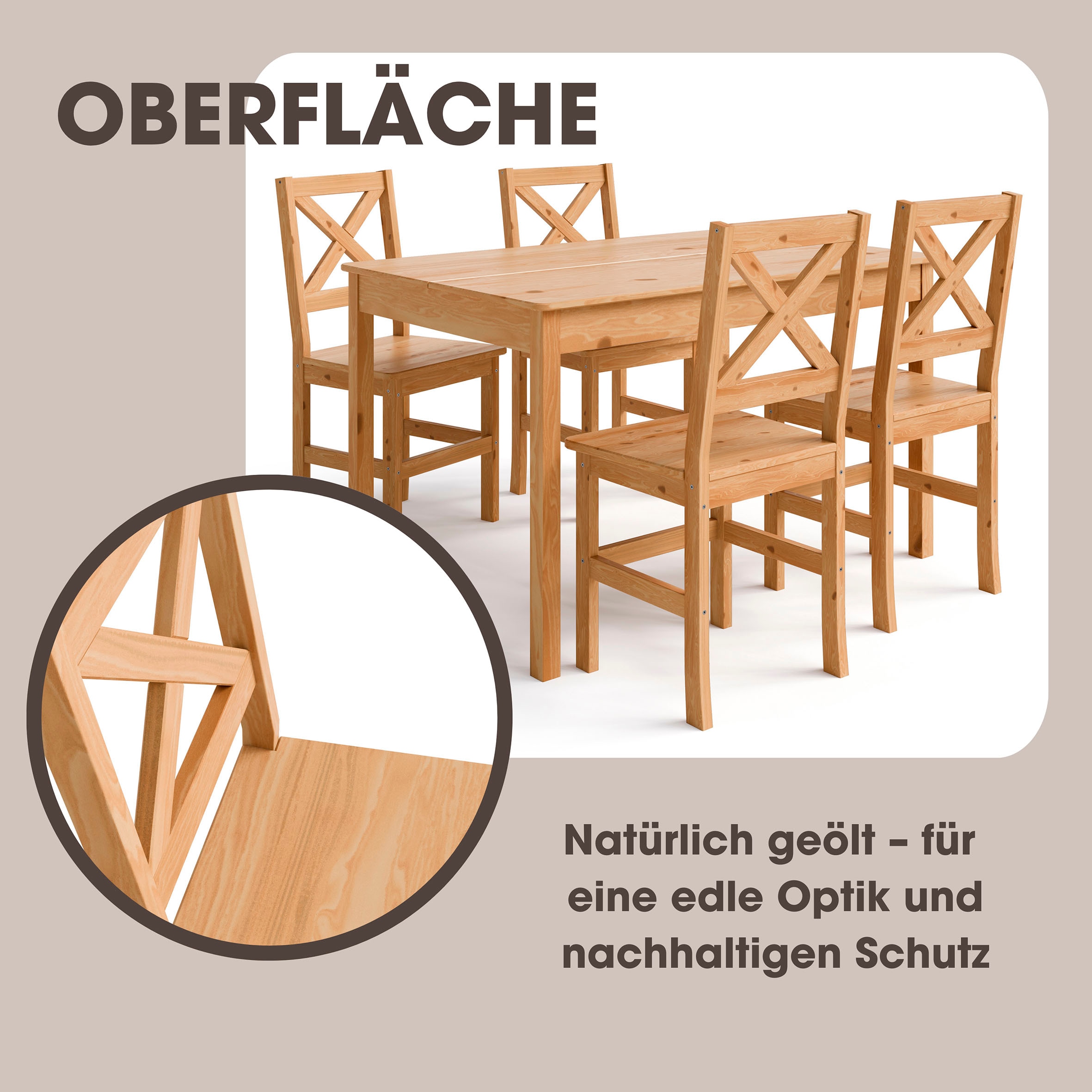 Home affaire Essgruppe »Malmö« Set, 5 Stk. tlg. bestehend aus Tisch und Stühlen in Kiefer Massivholz naturfarbig