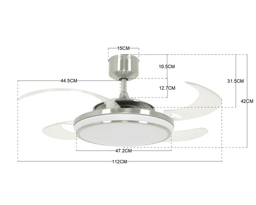 Fanaway Evo 1 LED plafondventilator, Ø 121 cm, chroom/geborsteld, met afstandsbediening, uitklapbare bladen, kleurveranderingsfunctie (zomer en winter) en LED-lichtbron