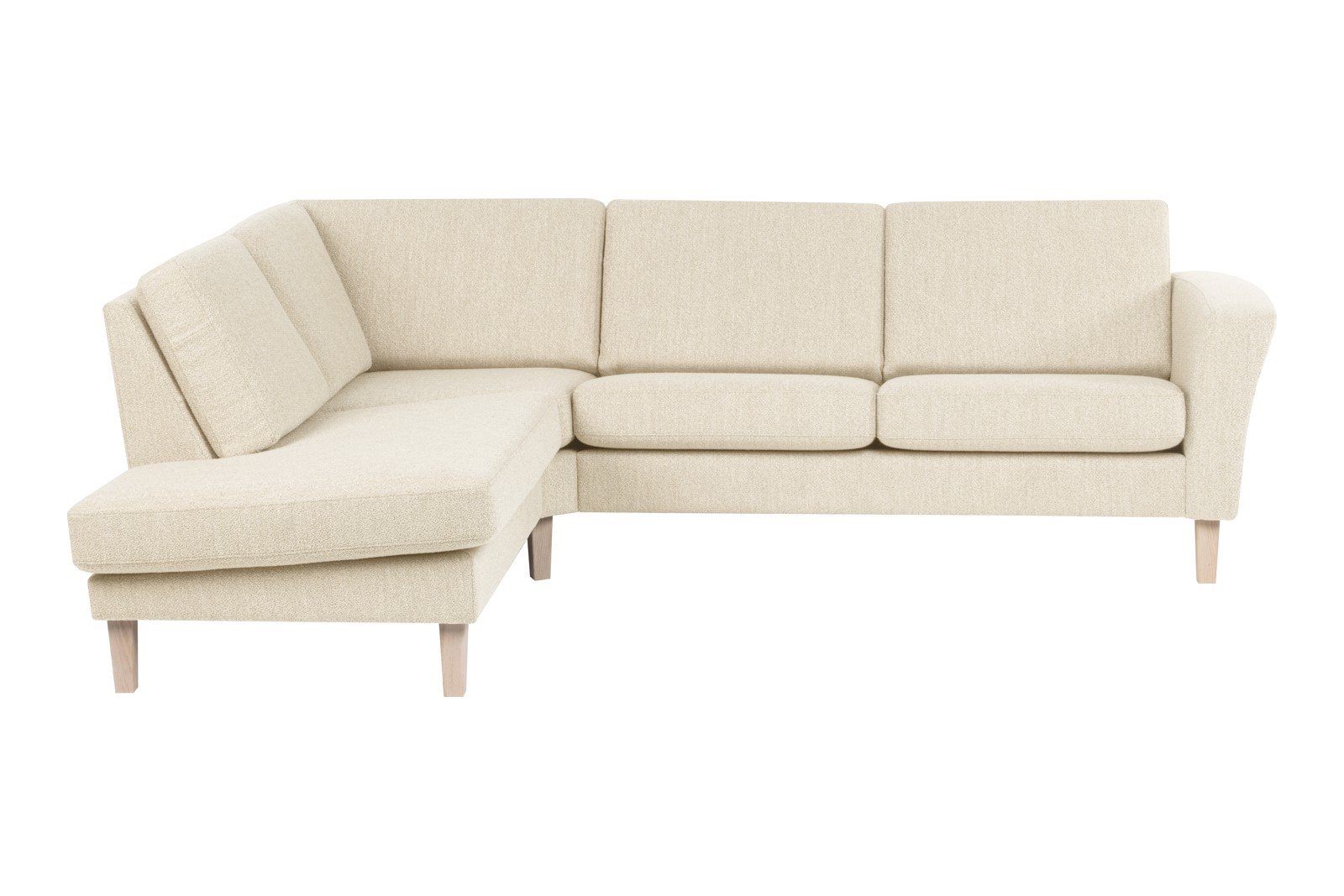 Slogen hjørnesofa Oppsett AV. 2,5-seter med åpen ende venstre. Tekstil Viva Marble med standard ryggpute. Vange A og hvitpigmentert ben 178.
