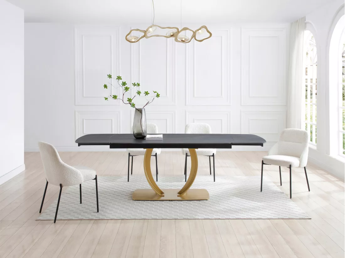 Table à manger extensible 6 à 10 personnes en céramique et métal doré - Effet marbre noir - OLIFIA de Maison Céphy