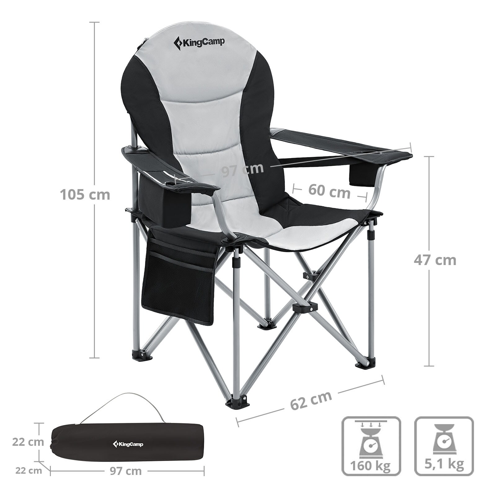 KINGCAMP Camping Falt Stuhl Klapp Sessel Garten Angel Outdoor Kühltasche 160 kg Farbe: Black/Light Grey