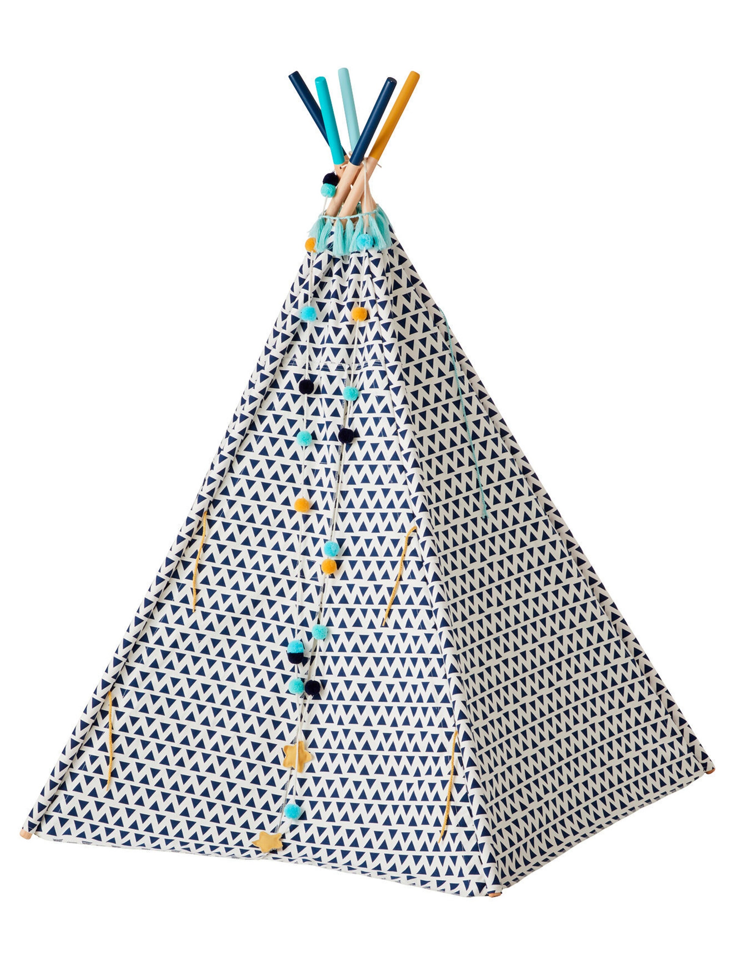 Vertbaudet Kinder Spielzelt SIOUX, wendbares Tipi mit Holzstangen, FSC® weiß/blau bedruckt
