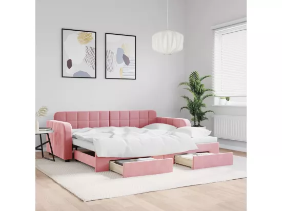 Lit de jour avec gigogne et tiroirs rose 90x200 cm velours