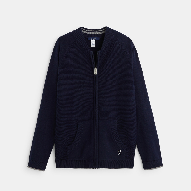 Gilet teddy zippé en maille fine bleu garçon