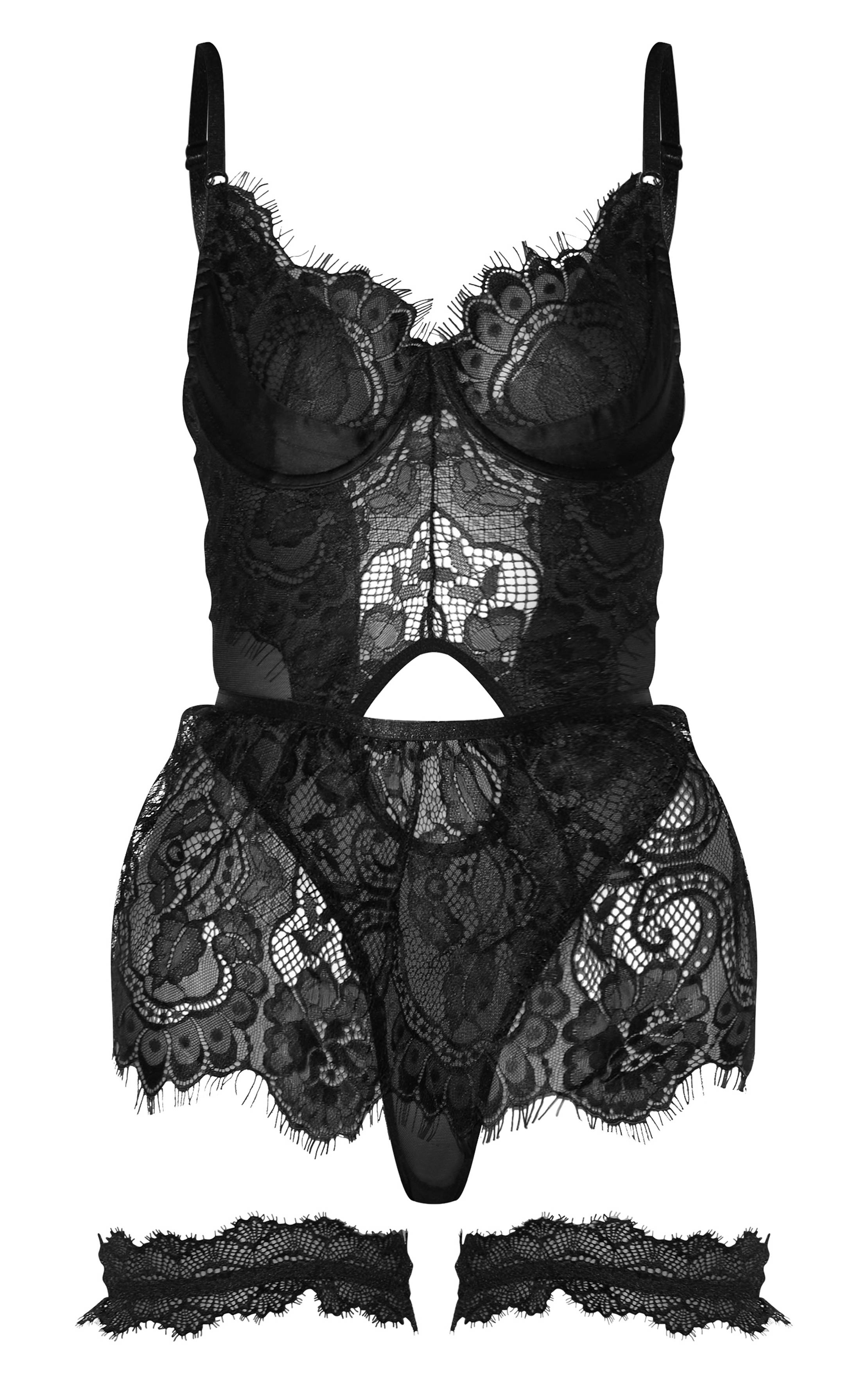 Noir Body Avec Détail Jupe En Dentelle Et Ensemble Lingerie Porte-jarretelles