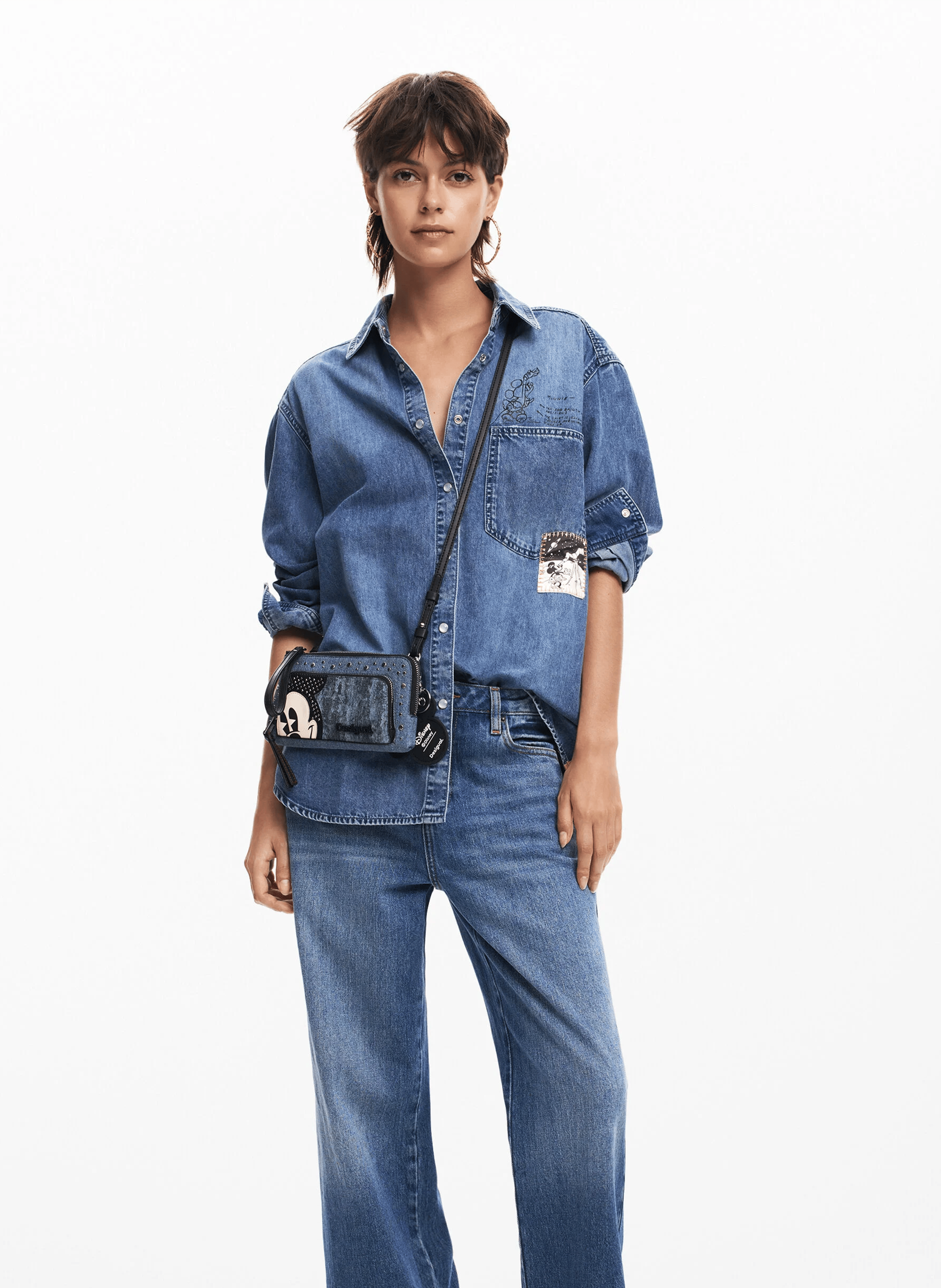 Chemise denim imprimée en coton mélangé | Bleu
