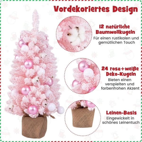 90cm Mini kunstig juletre med snø & Sementbunn juletre Chirstbaum rosa