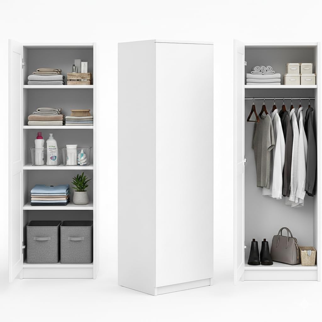 Home Collective Garderobenschrank Garderobe Mehrzweckschrank weiß 50cm Breite 180cm Höhe mit Kleiderstange und Extra-Fach, Kleiderschrank Organizer aus MDF Holz