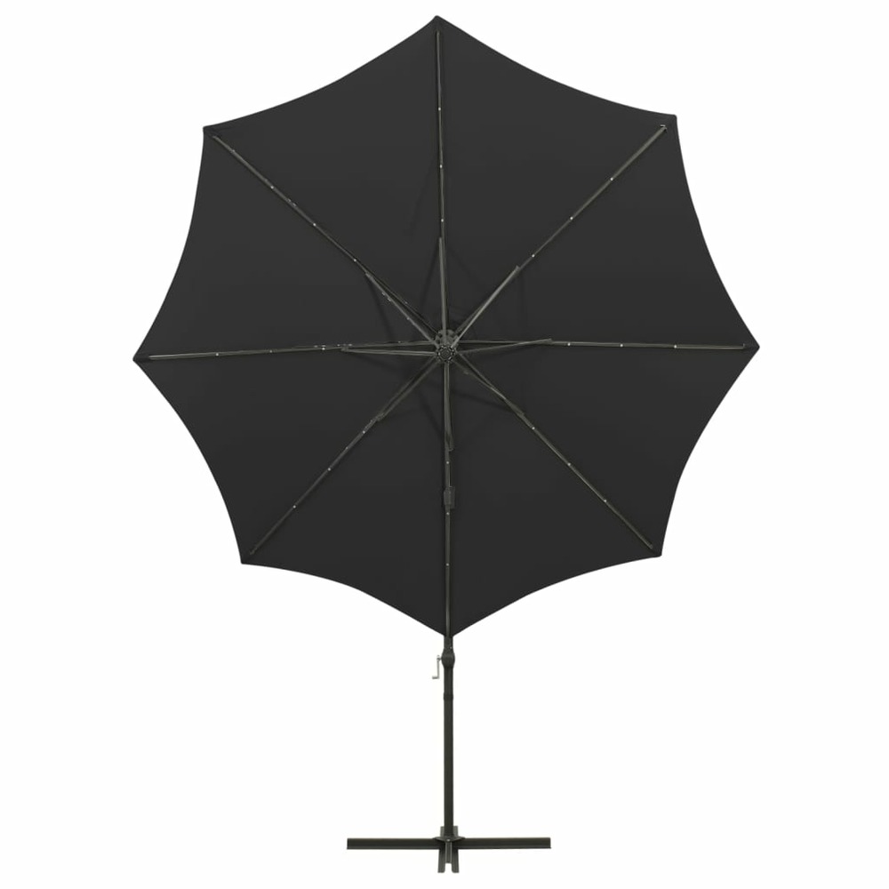 Parasol meuble de jardin déporté avec mât et lumières led 300 cm noir