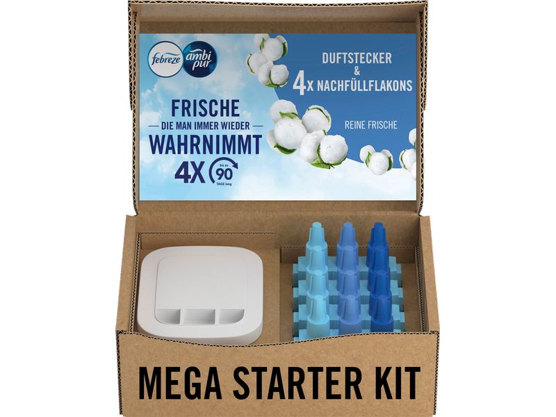 Febreze 3 Volution Starterset Reine Frische 4 x 20 ml Dynamische Duft-Symphonie: Drei Düfte, eine Mission, pure Frische im Minutentakt