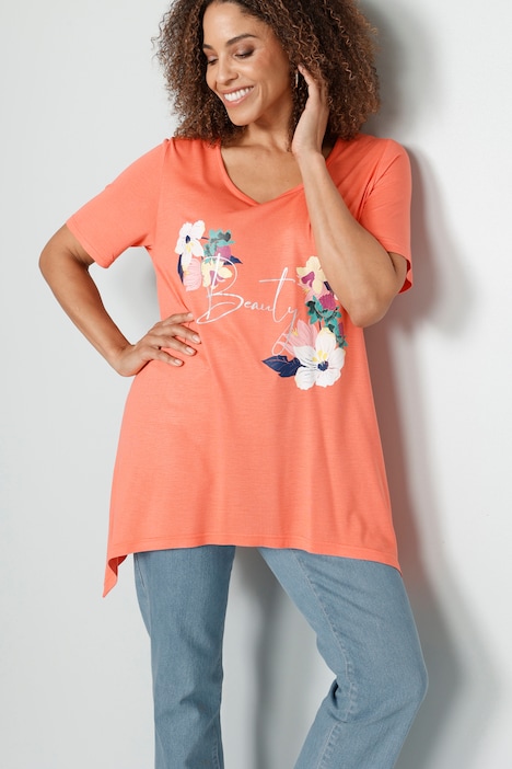 T-Shirt, Blumenmotiv, Zipfelsaum