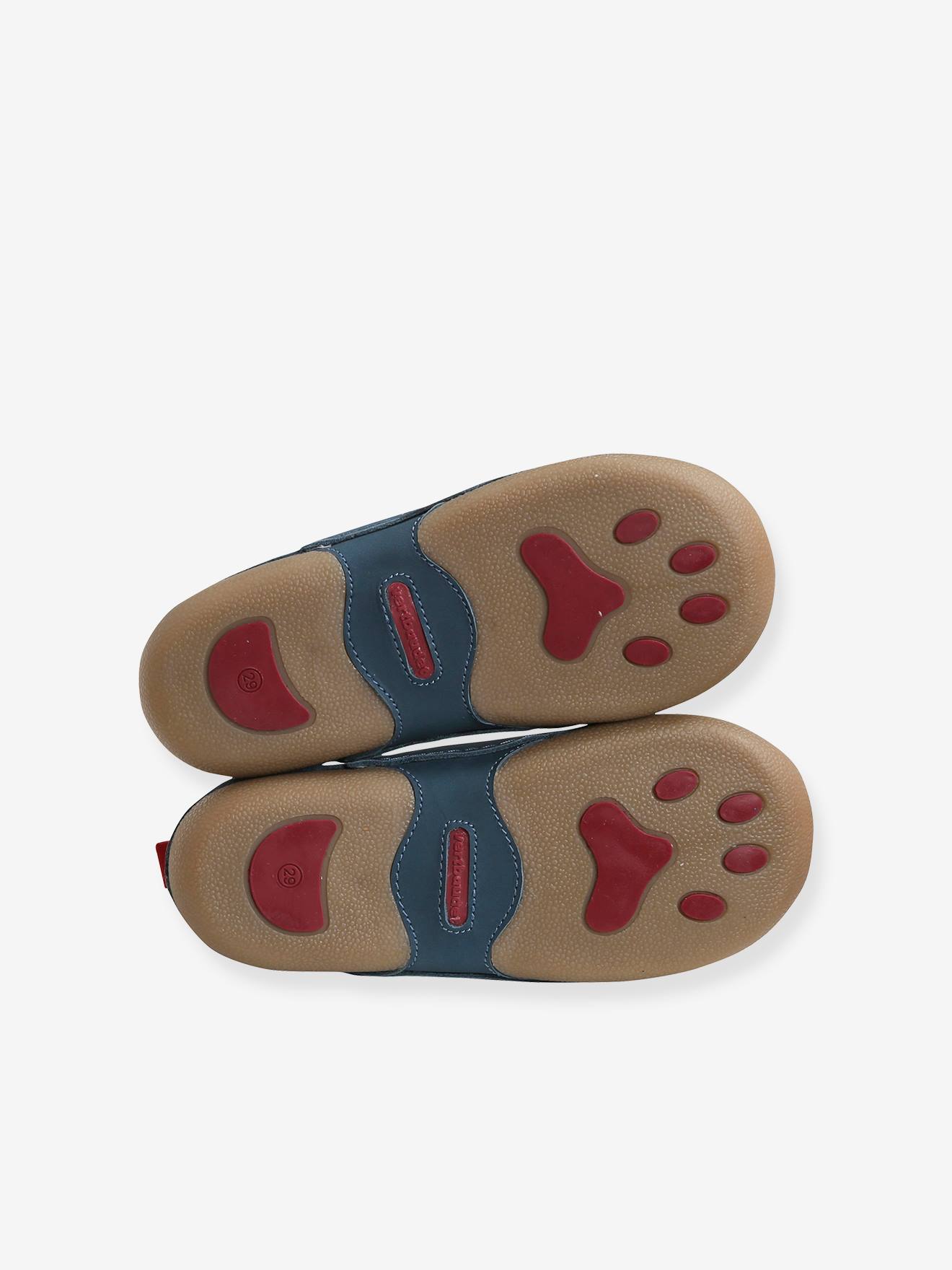 Pantufas de couro elástico para meninos, lisas, azul médio com estampas.