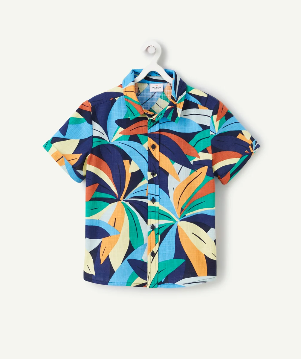 chemise garçon en coton bio et imprimée feuillage exotique