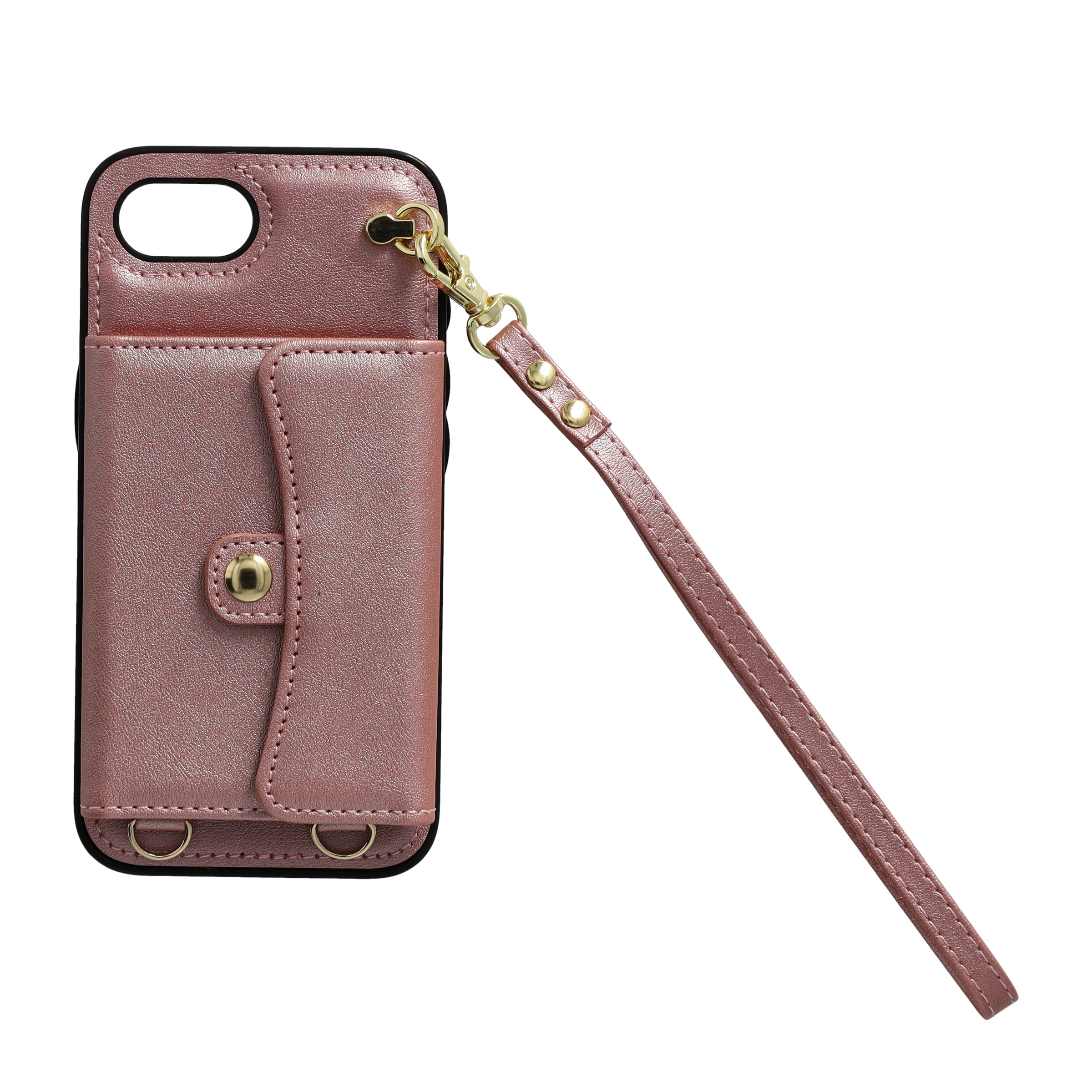 iPhone 16e Necklace Leder Schutz Hülle mit Kartenfach   Handykette (140cm) - Roségold