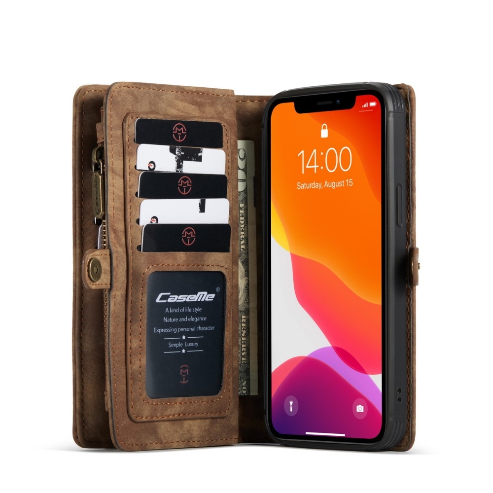 iPhone 12 / iPhone 12 Pro 2in1 Leder Tasche   Magnet Hardcase Karten Etui - Hellbraun