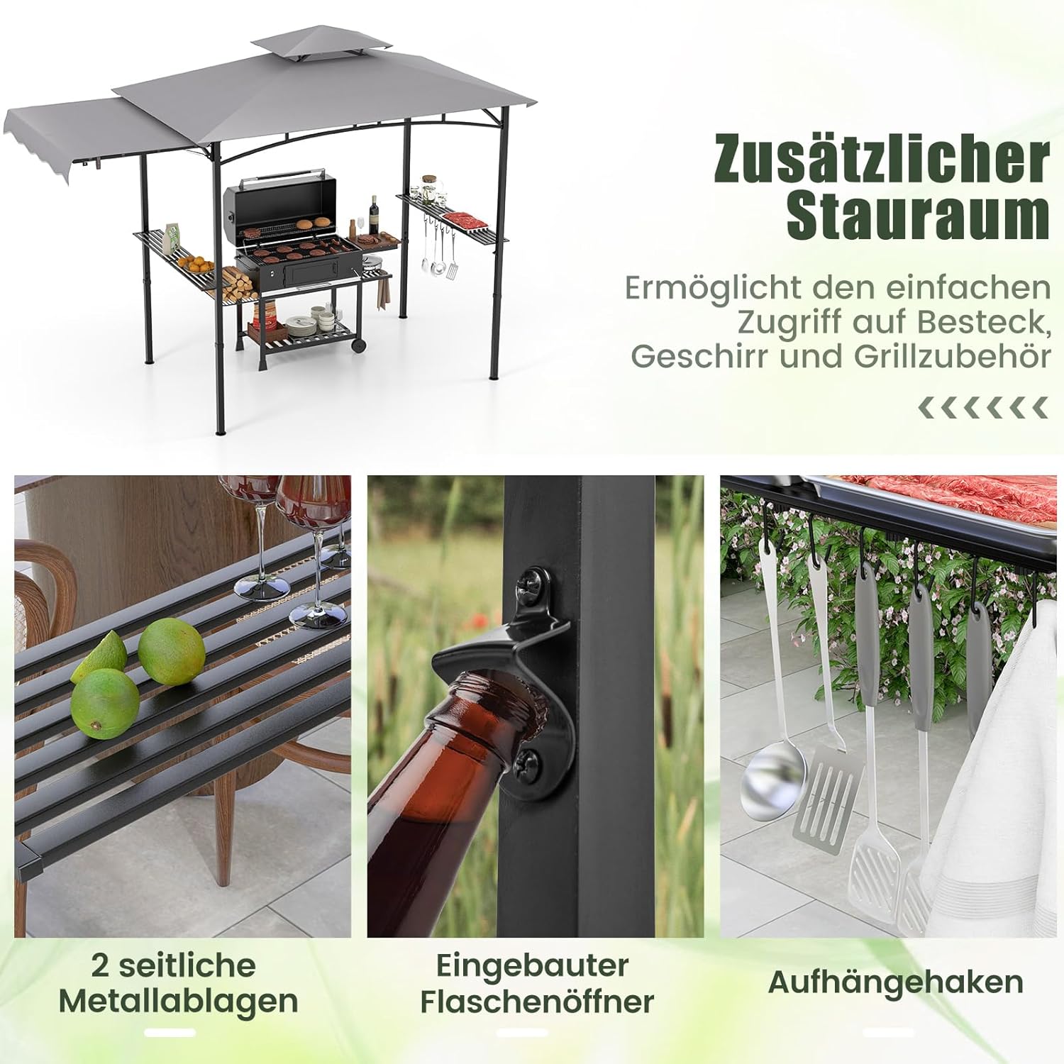 COSTWAY Grillpavillon mit Seitenmarkise, Doppeldach, 2 Seitenregalen & Haken, Gartenpavillon BBQ Pavillon, Grillüberdachungen wetterfest, Grillunterstand Garten Partys, 318x153x250 cm (Grau)