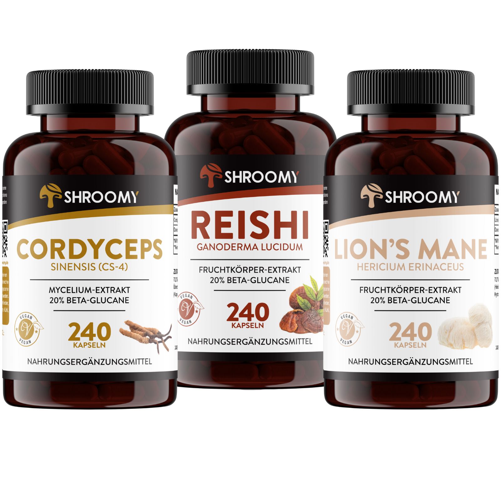 SHROOMY Lions Mane, Cordyceps und Reishi Extrakt Kapseln im Set