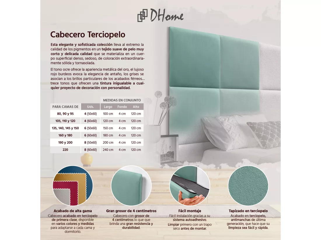 DHOME Tête de lit tapissée en velours de qualité supérieure composée de panneaux autocollants interchangeables pour chambre (turquoise, 160 cm)