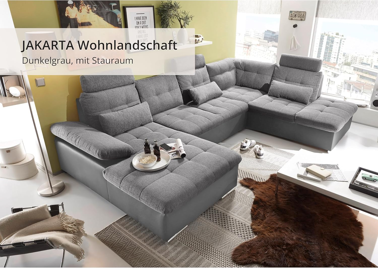 JAKARTA Wohnlandschaft in U-Form in Lederoptik, Dunkelgrau / Anthrazit - Ausziehbares Sofa mit Schlaffunktion & Bettkasten - 324 x 107 x 170 (218) cm (B/H/T)