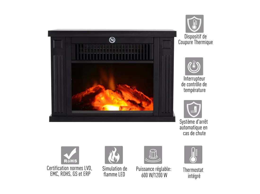 Cheminée électrique poêle style contemporain thermostat 600-1200 W noir