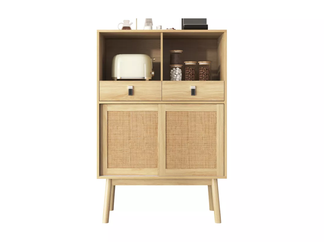 Buffet de cuisine avec 2 tiroirs et 2 portes coulissantes en rotin - 80 x 39,5 x 120 cm - Panneau de particules - Coloris bois