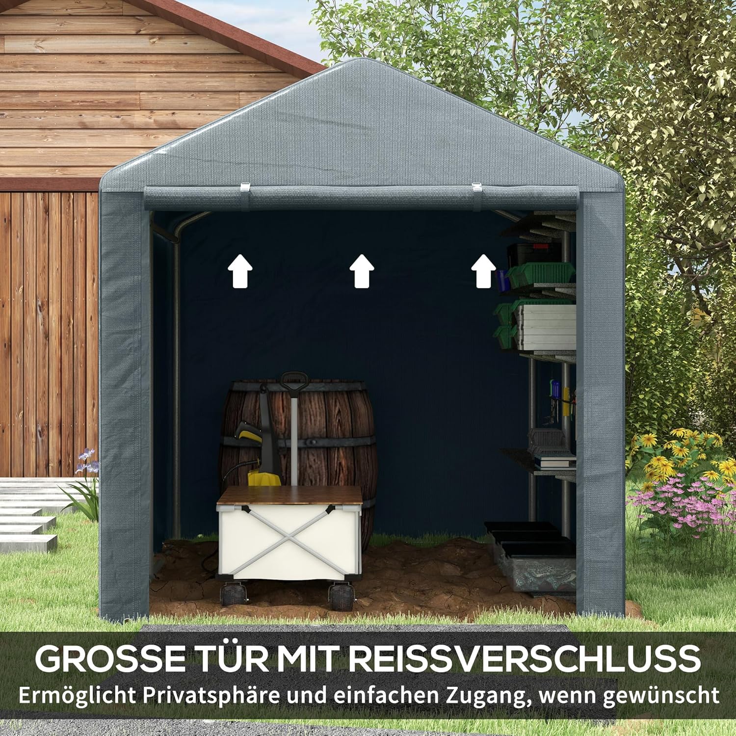 Outsunny Garagenzelt, 1,6 x 2,18 x 1,72 m Lagerzelt mit UV-Schutz, Reißverschlusstür, Wasserabweisend Foliengarage für Gartengeräte, Motorrad, Dunkelgrau
